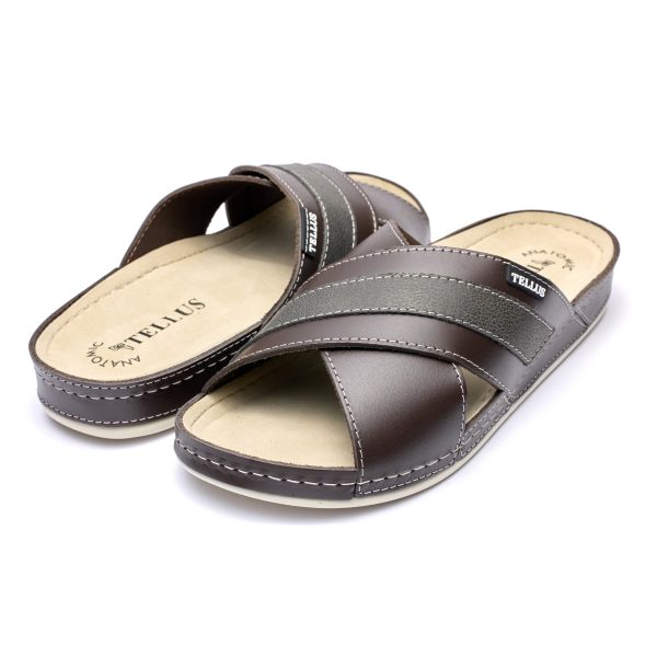 Papuci piele barbati Tellus 30-03, Maro - imagine 2