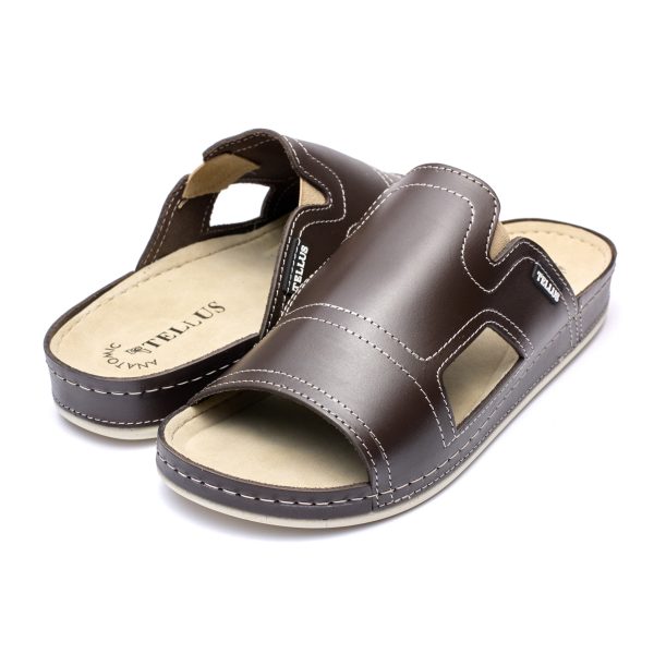 Papuci piele barbati Tellus 30-01, Cafeniu - imagine 2