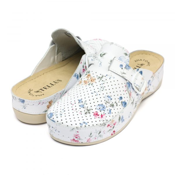 Saboti medicali piele dama "Tellus" 25-061, Alb cu flori - imagine 2