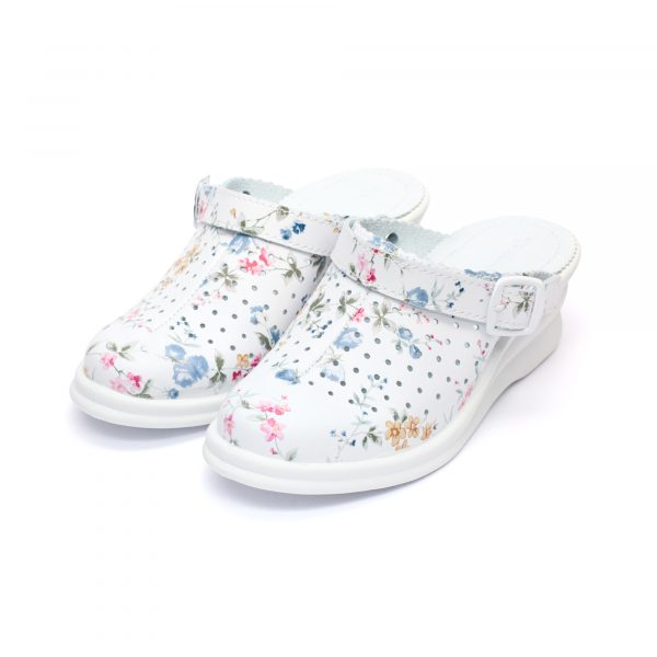 Saboti medicali piele “Tellus” 50-08/02, Alb cu flori - imagine 3