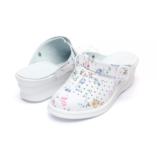 Saboti medicali piele “Tellus” 50-08/02, Alb cu flori - imagine 2