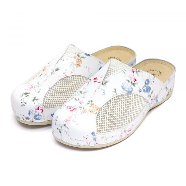 Saboti medicali piele dama "Tellus" 25-062, Alb cu flori - imagine 2