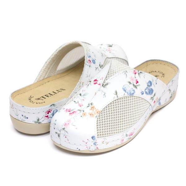 Saboti medicali piele dama "Tellus" 25-062, Alb cu flori - imagine 3